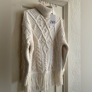 Zara Off-White Cable Knit Fringe Turtleneck Sweater NWT Medium